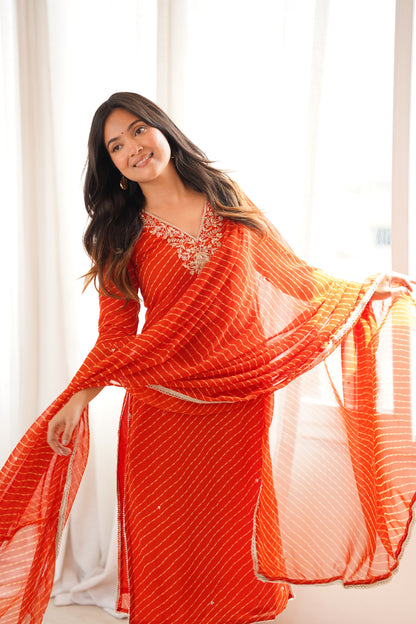 Arti Rust Orange Handwork Leheriya Suit Set