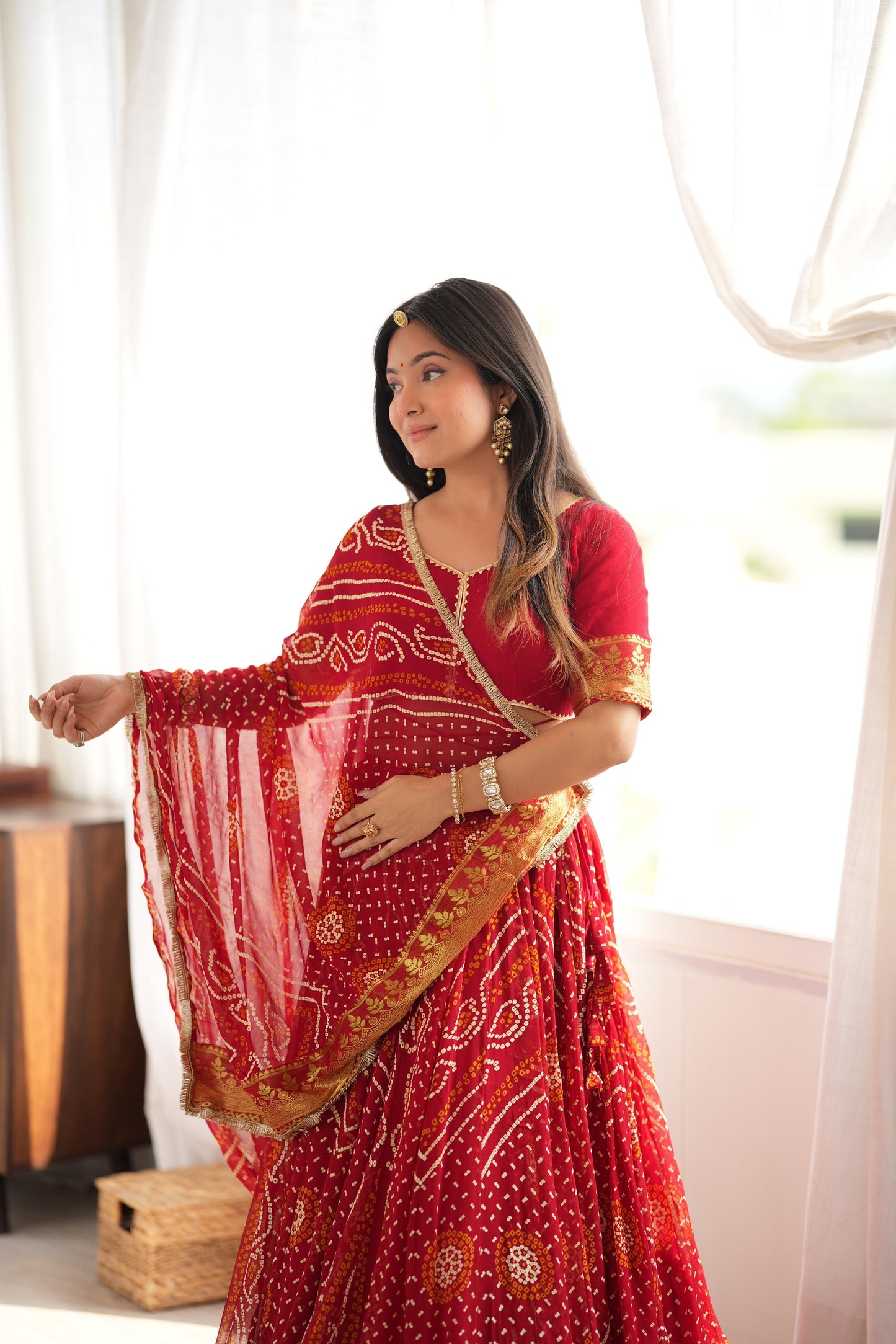 Falguni Red Bandhani Lehenga
