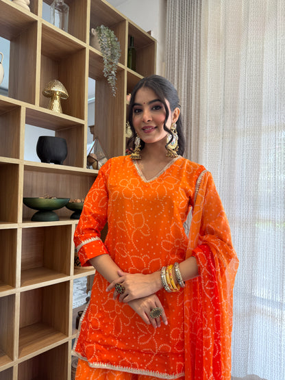 Pranjali Orange Bandhani Kurti Palazzo Set