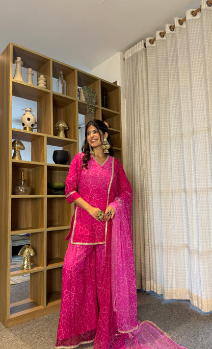 Pranjali Pink Bandhani Kurti Palazzo Set