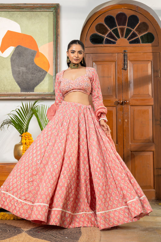 Parijat Handblock Slub Cotton Lehenga