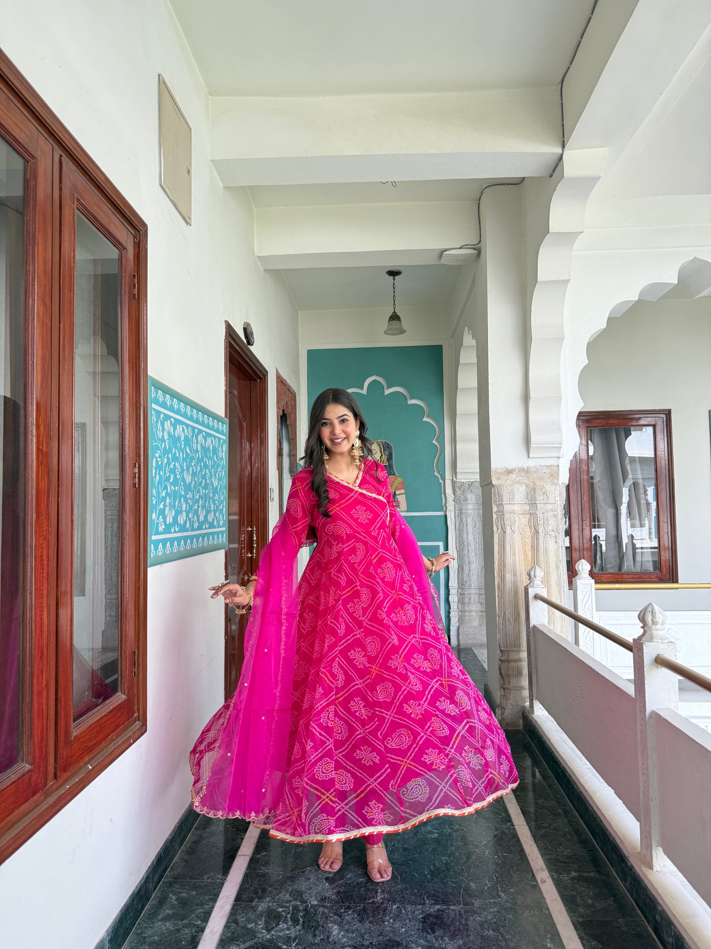 Ruhee Pink Bandhani Anarkali Set