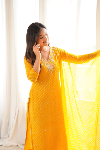 Arti Yellow Handwork Leheriya Suit Set