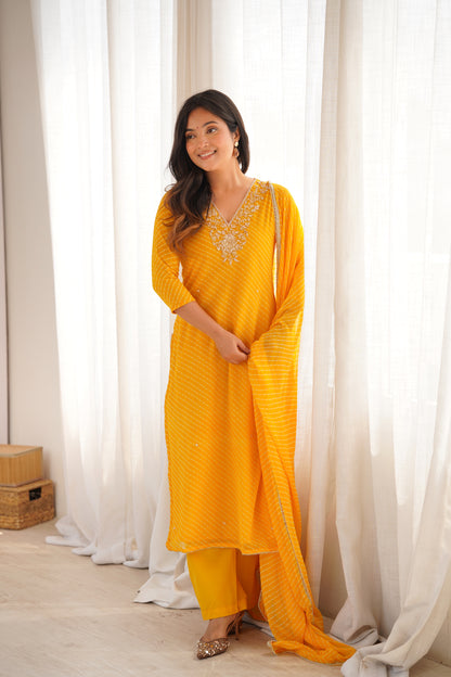 Arti Yellow Handwork Leheriya Suit Set