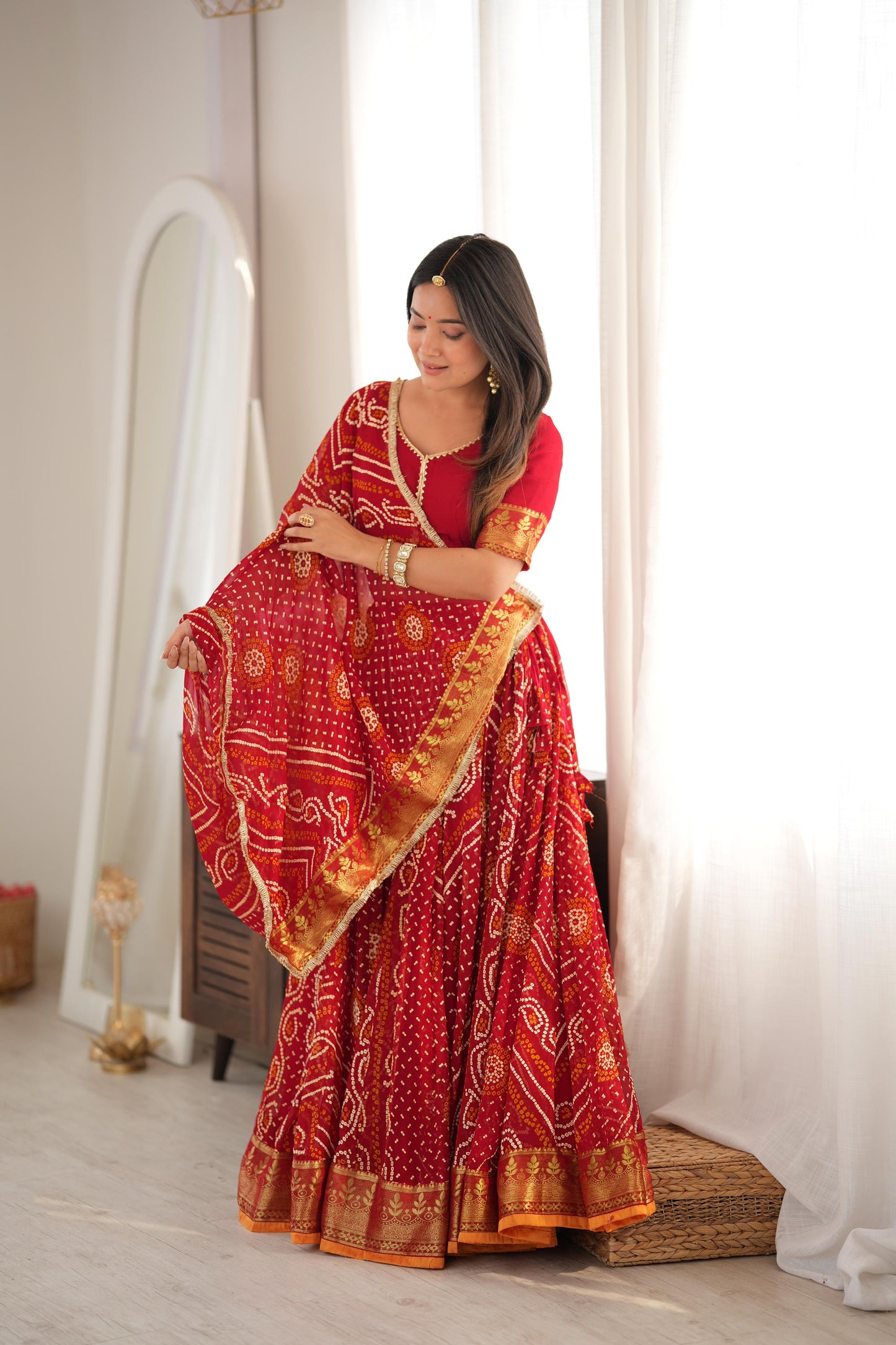 Falguni Red Bandhani Lehenga