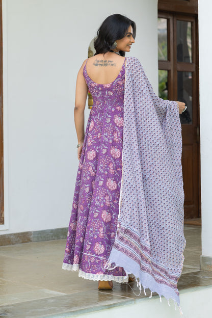 Nirva Purple Handblock Cotton Anarkali Set