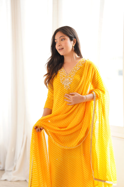 Arti Yellow Handwork Leheriya Suit Set