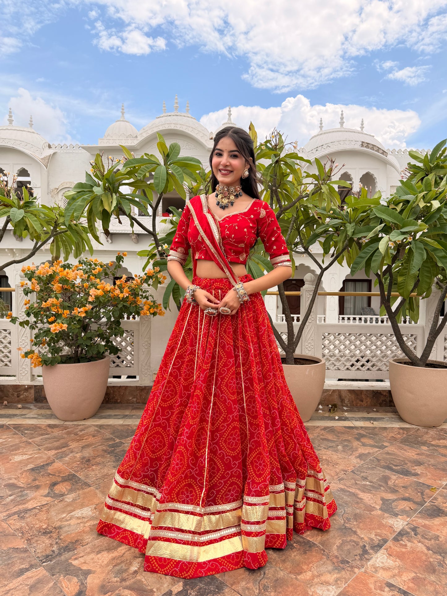 Shweta Red Bandhani Lehenga
