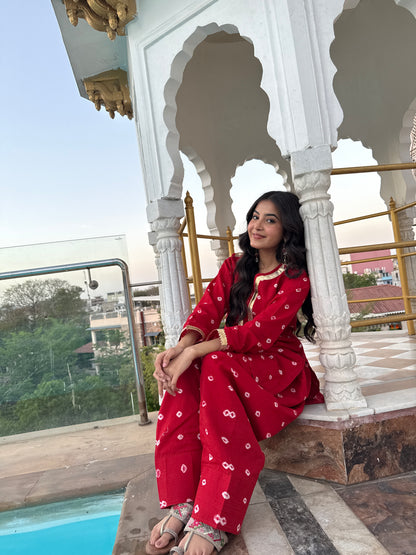 Mannat Red Bandhani Farshi Set
