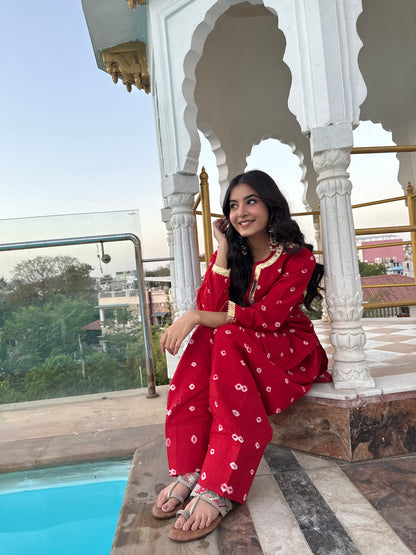 Mannat Red Bandhani Farshi Set