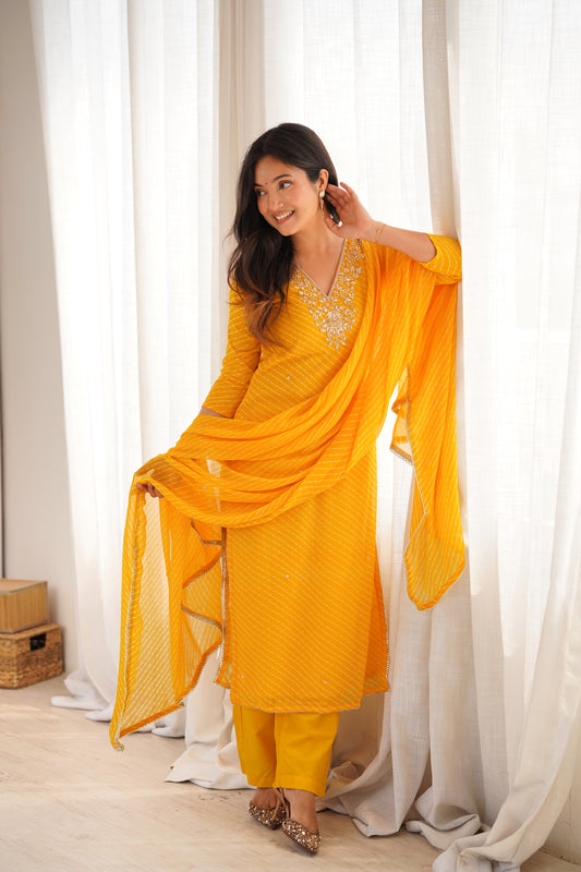 Arti Yellow Handwork Leheriya Suit Set