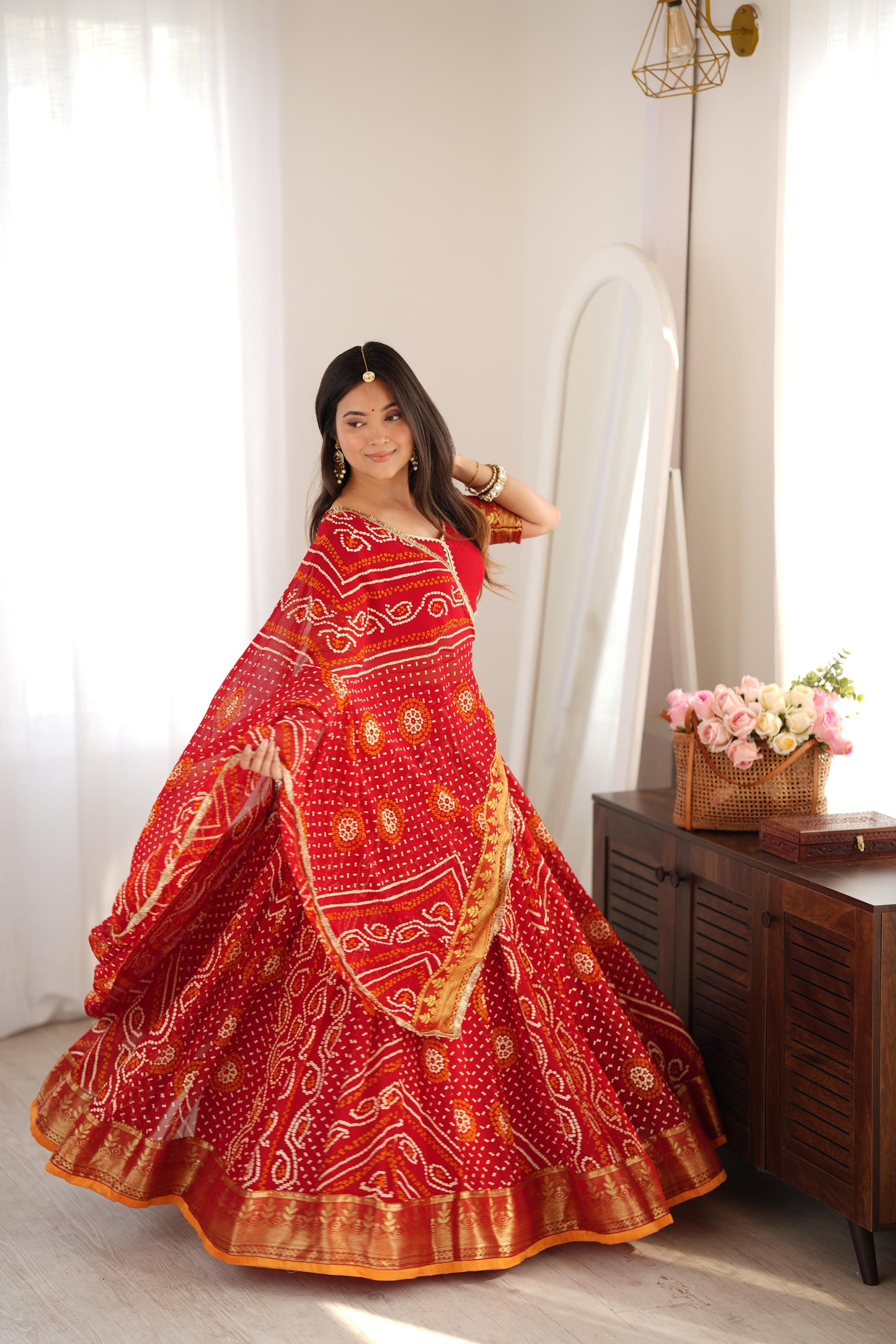 Falguni Red Bandhani Lehenga