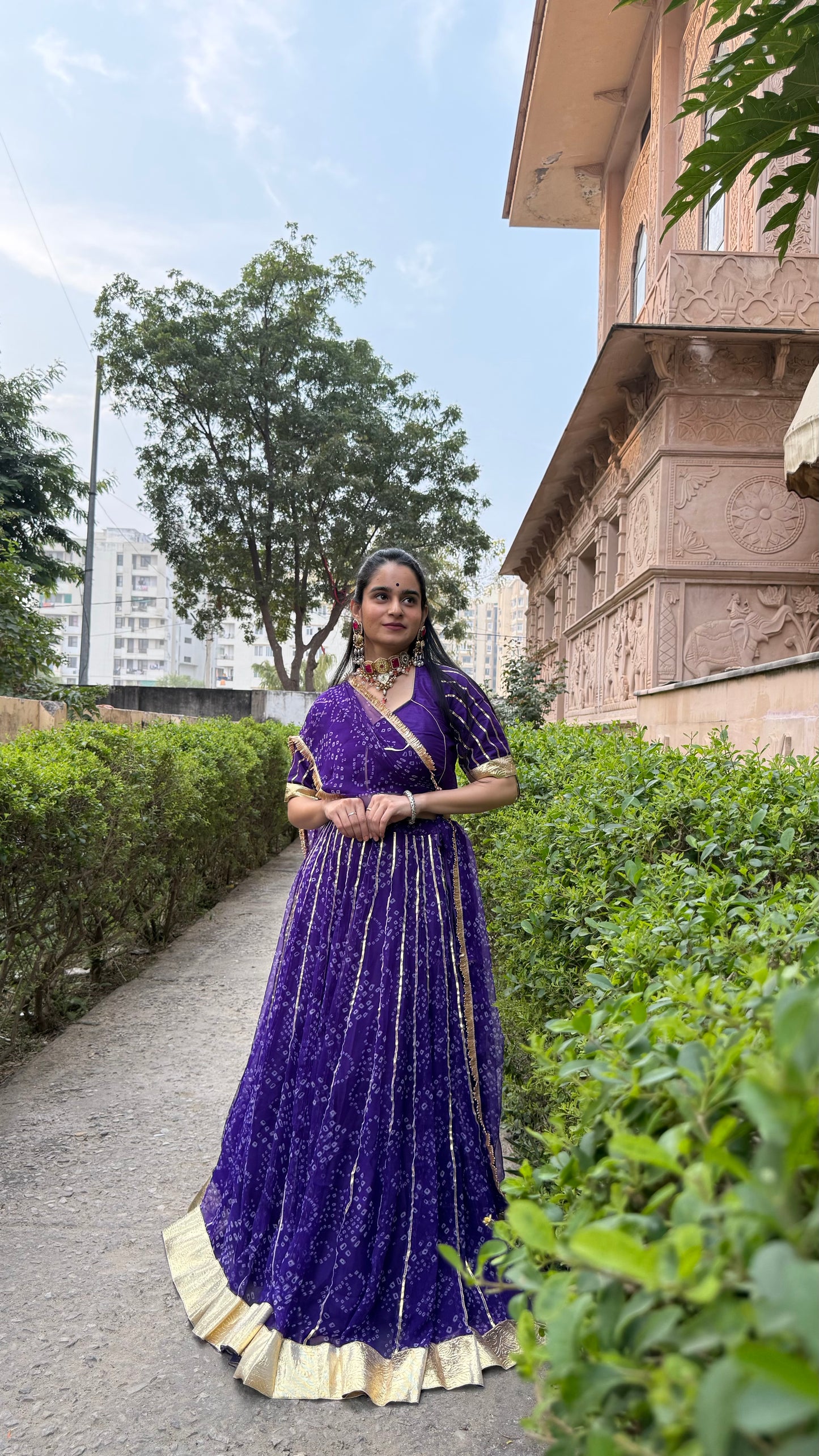 Siddhi Purple Bandhani lehenga