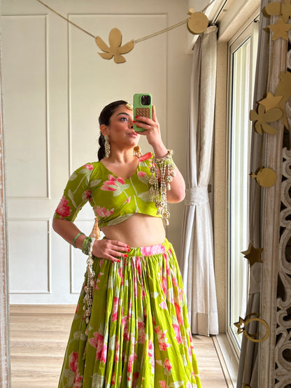 Tulika Green Cotton Lehenga