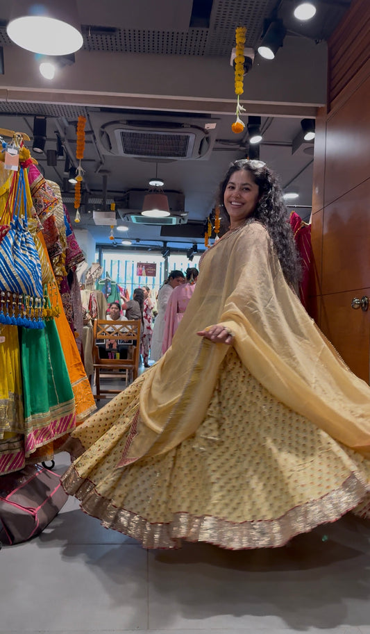 Devi Yellow Handblock Lehenga Set