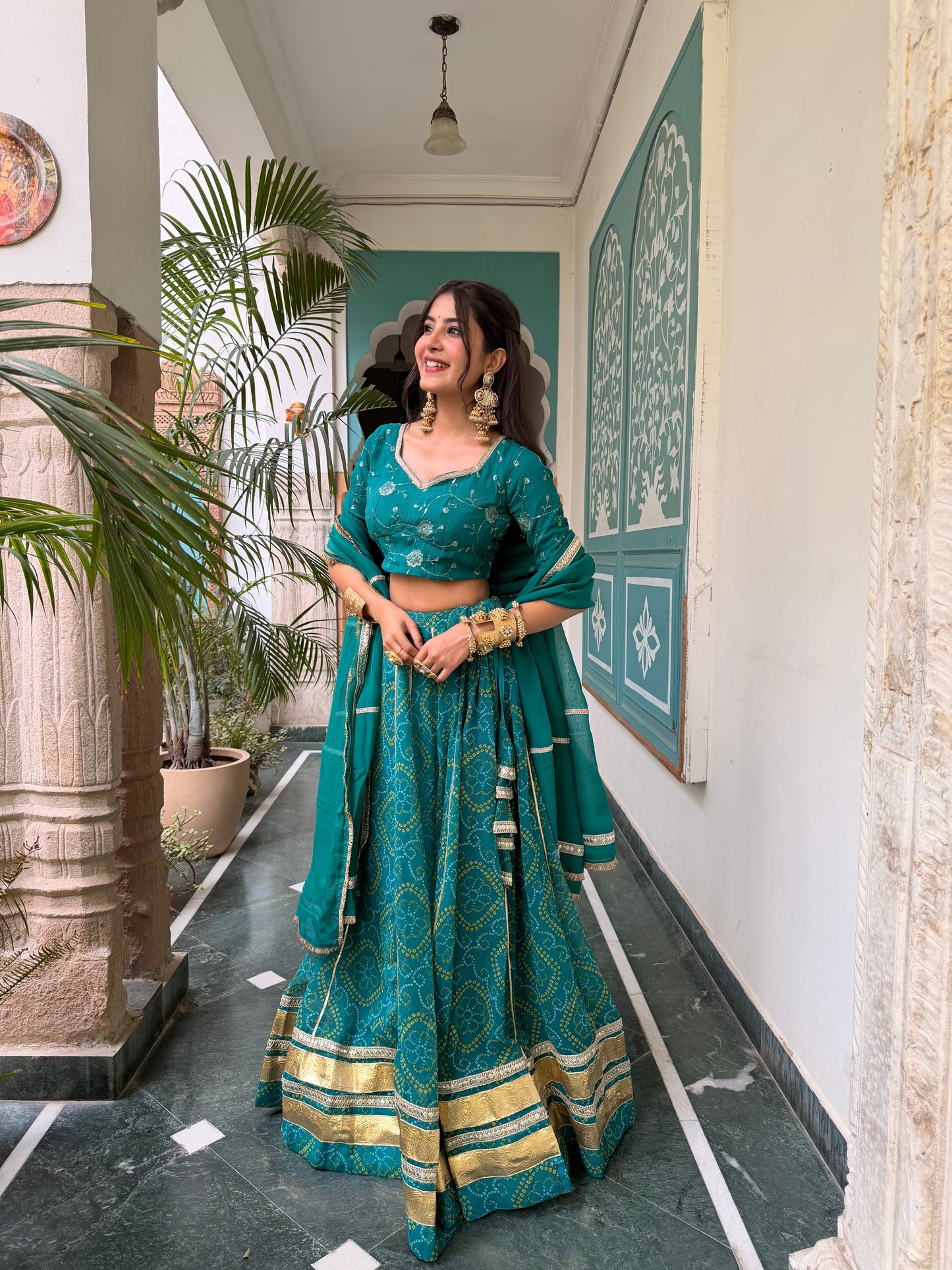 Shweta Aqua Bandhani Lehenga