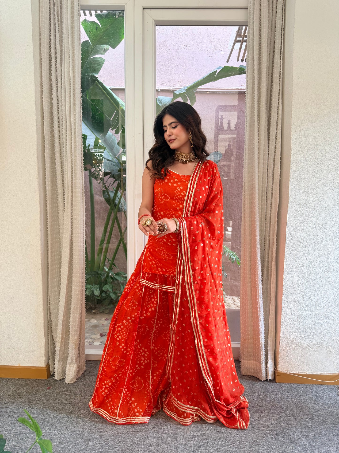 Kumkum Orange Bandhani Sharara Set