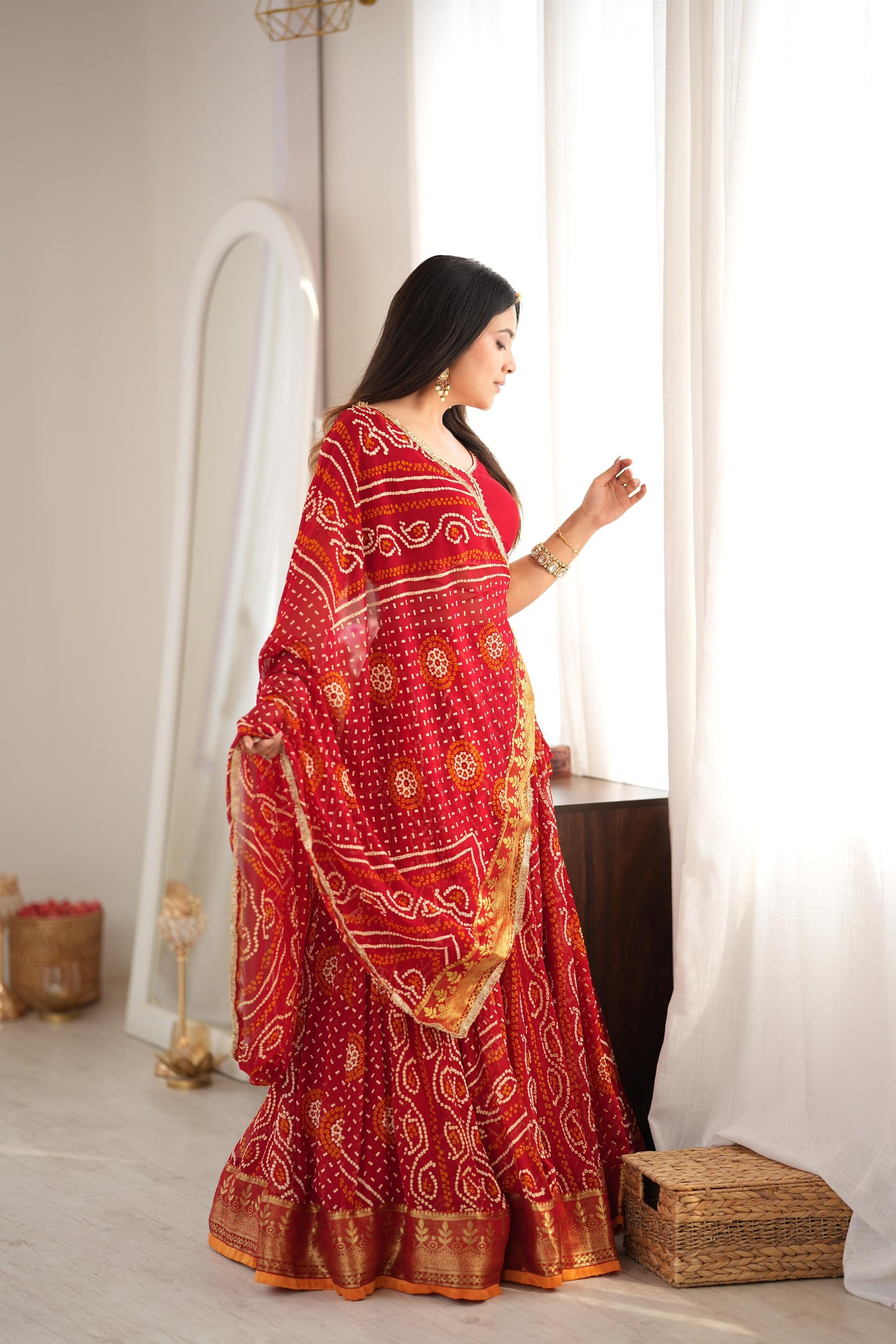 Falguni Red Bandhani Lehenga