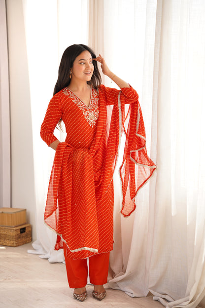 Arti Rust Orange Handwork Leheriya Suit Set