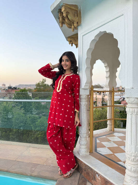 Mannat Red Bandhani Farshi Set