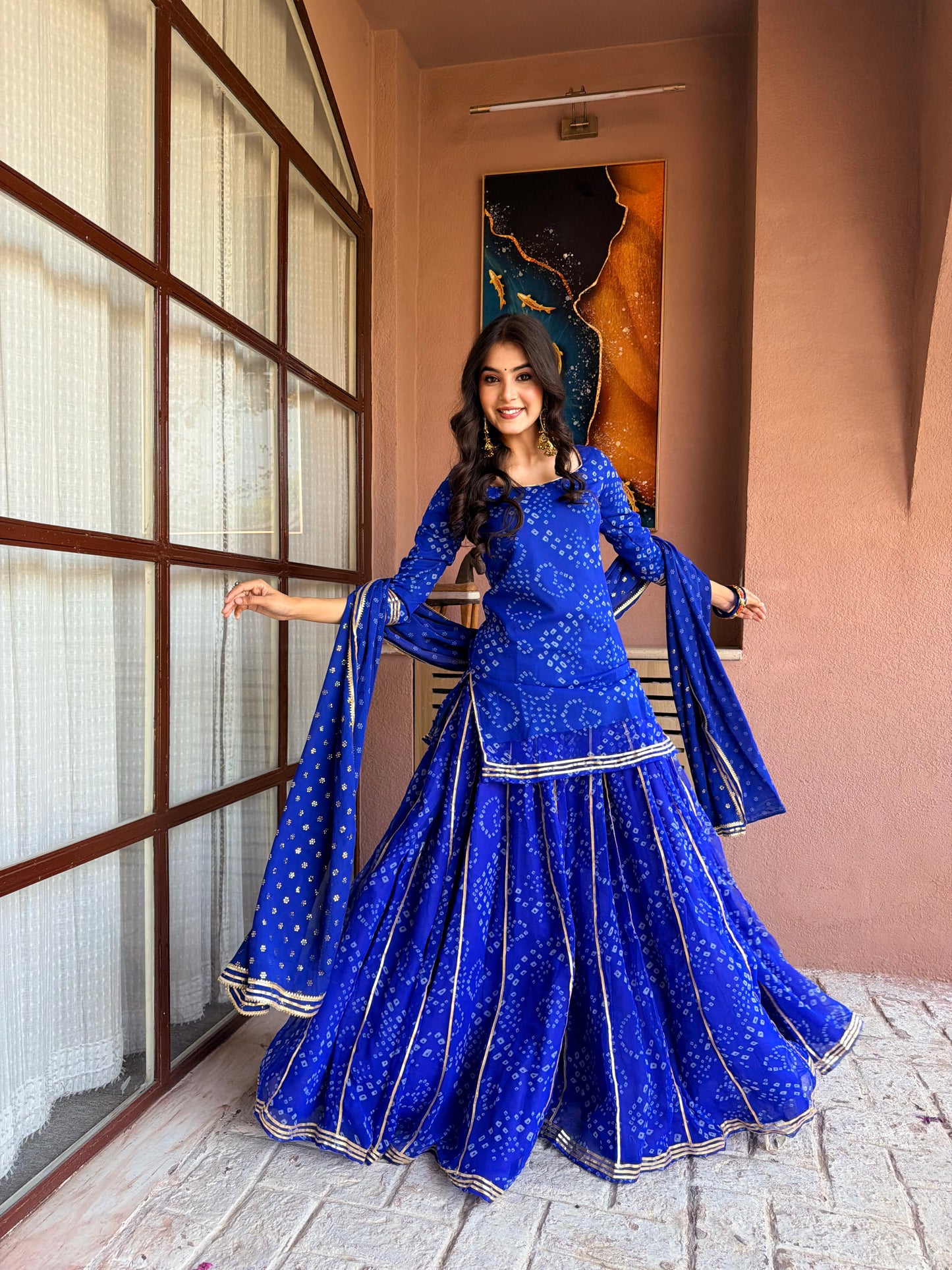 Kumkum Blue Bandhani Sharara Set