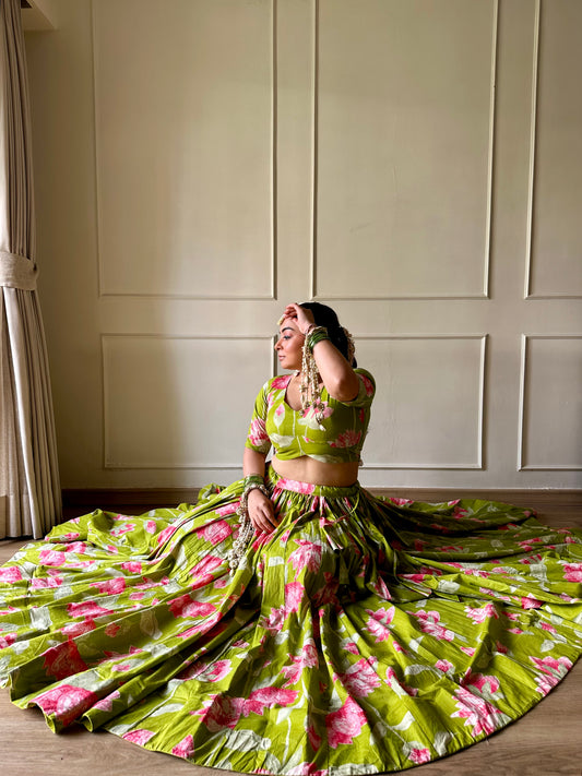 Tulika Green Cotton Lehenga
