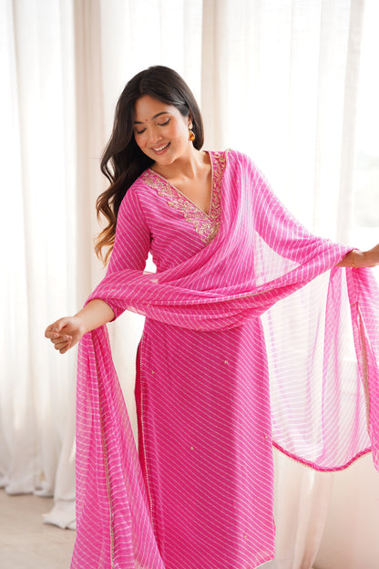 Arti Pink Handwork Leheriya Suit Set