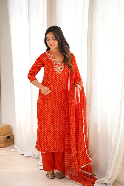 Arti Rust Orange Handwork Leheriya Suit Set