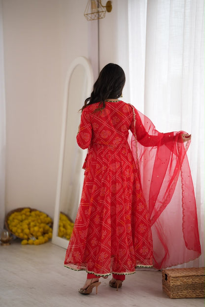 Ruhee Red Bandhani Anarkali Set