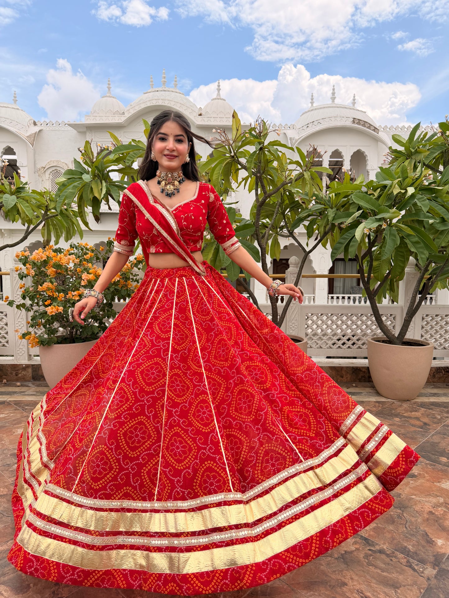 Shweta Red Bandhani Lehenga