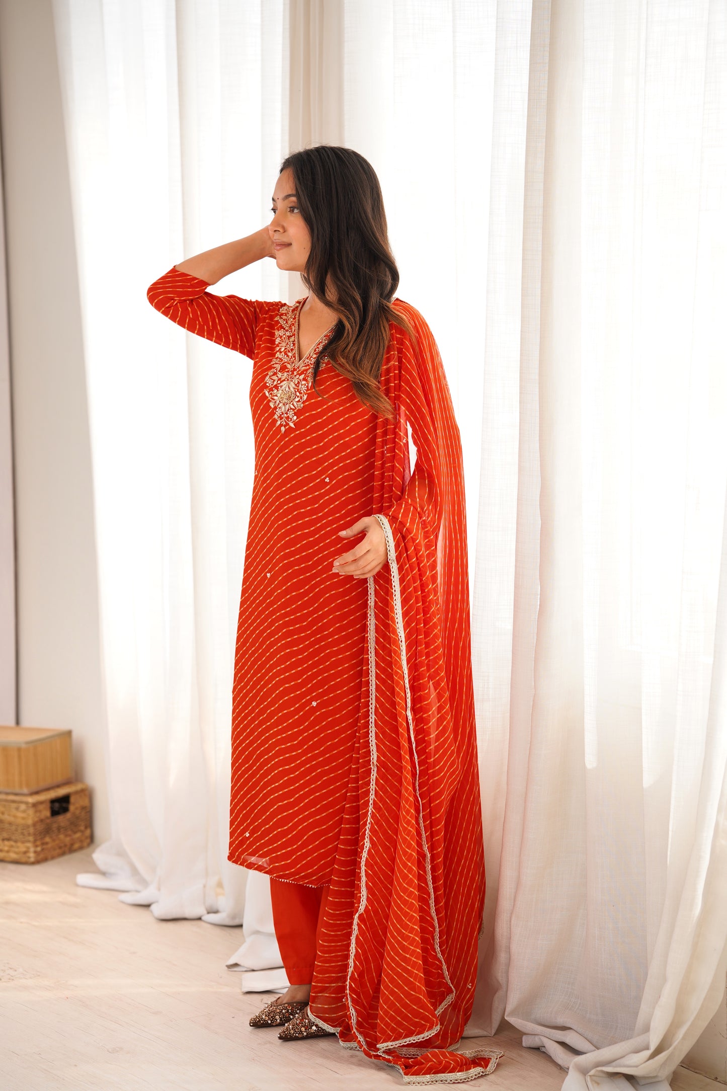 Arti Rust Orange Handwork Leheriya Suit Set