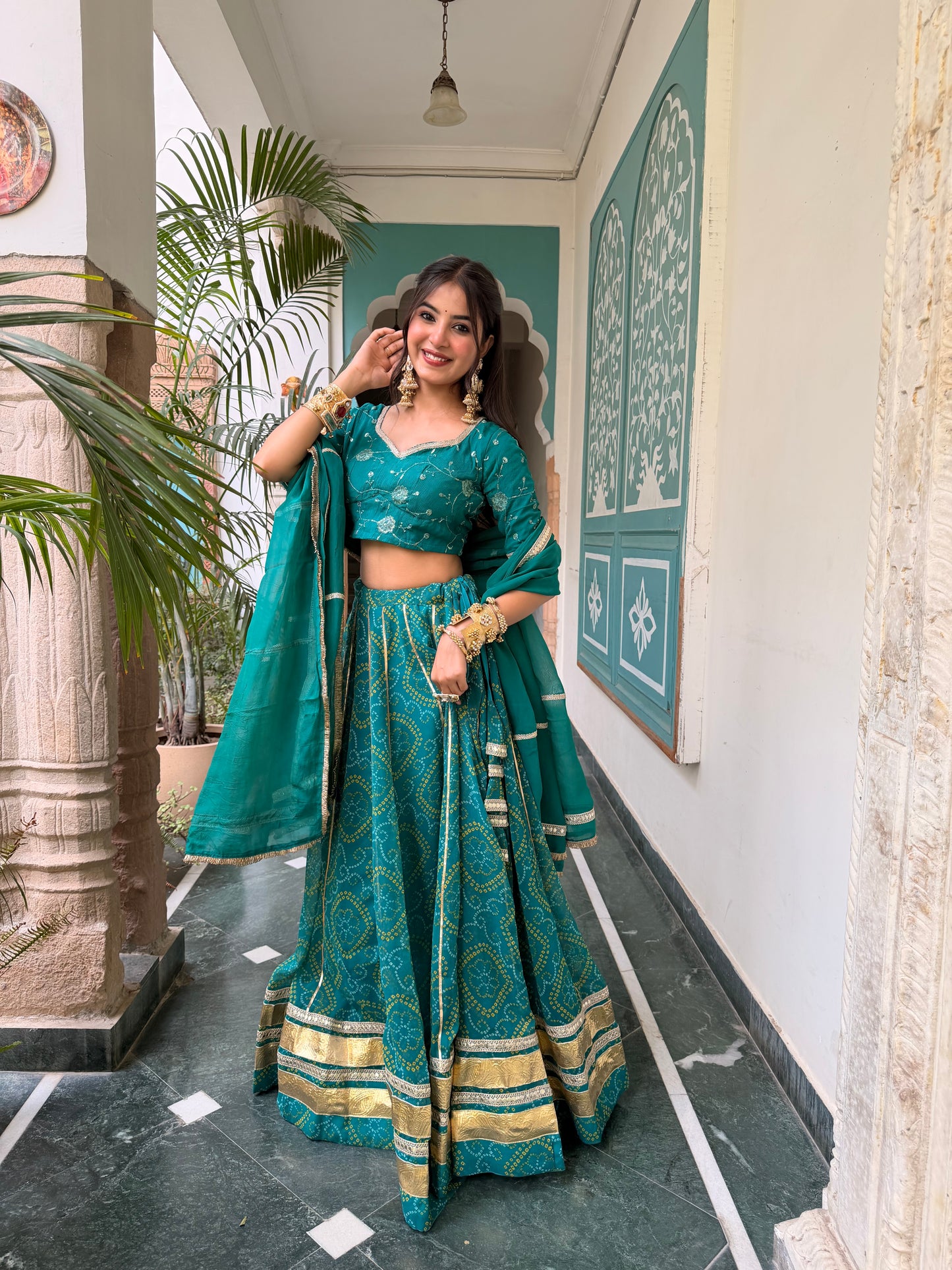 Shweta Aqua Bandhani Lehenga