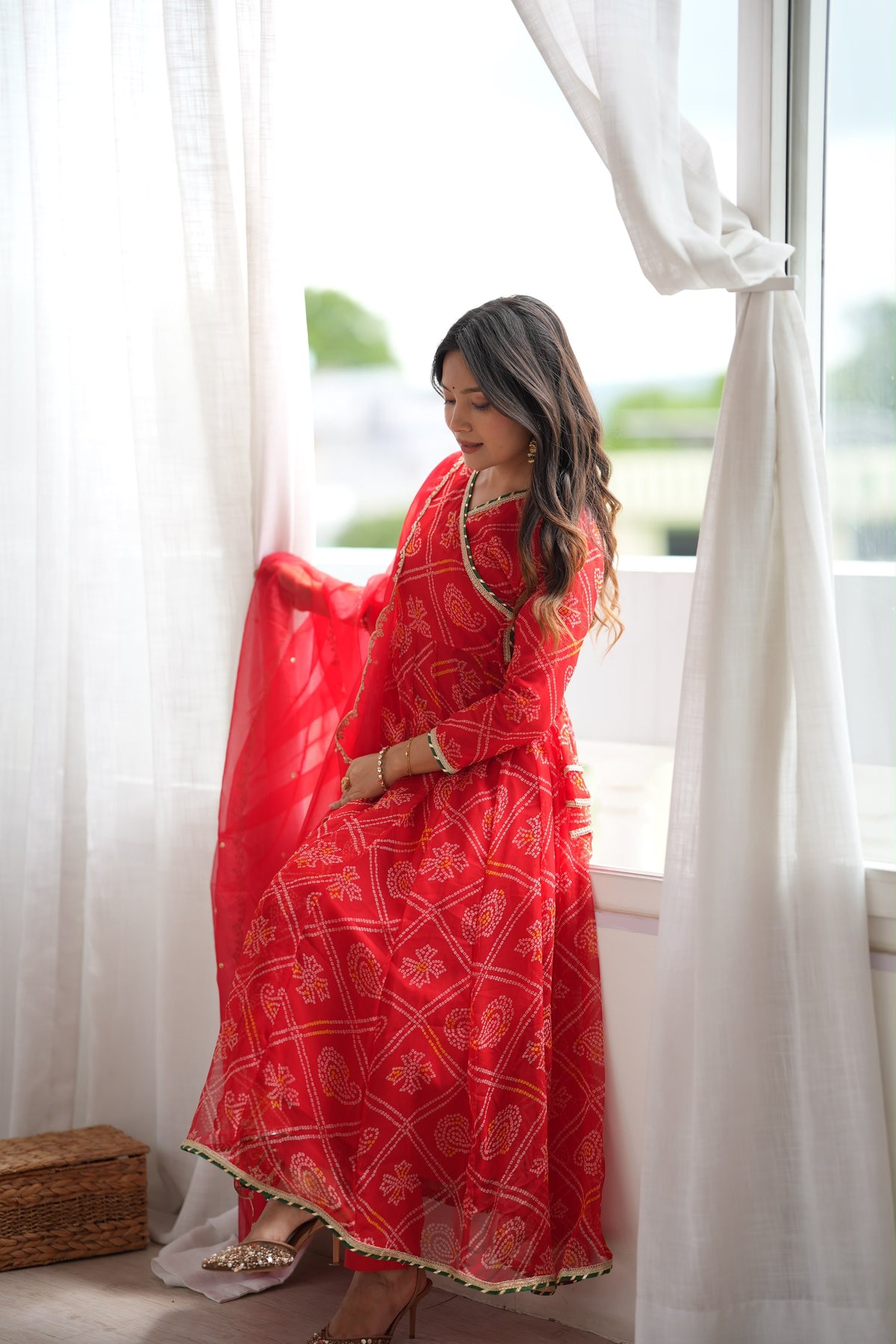 Ruhee Red Bandhani Anarkali Set