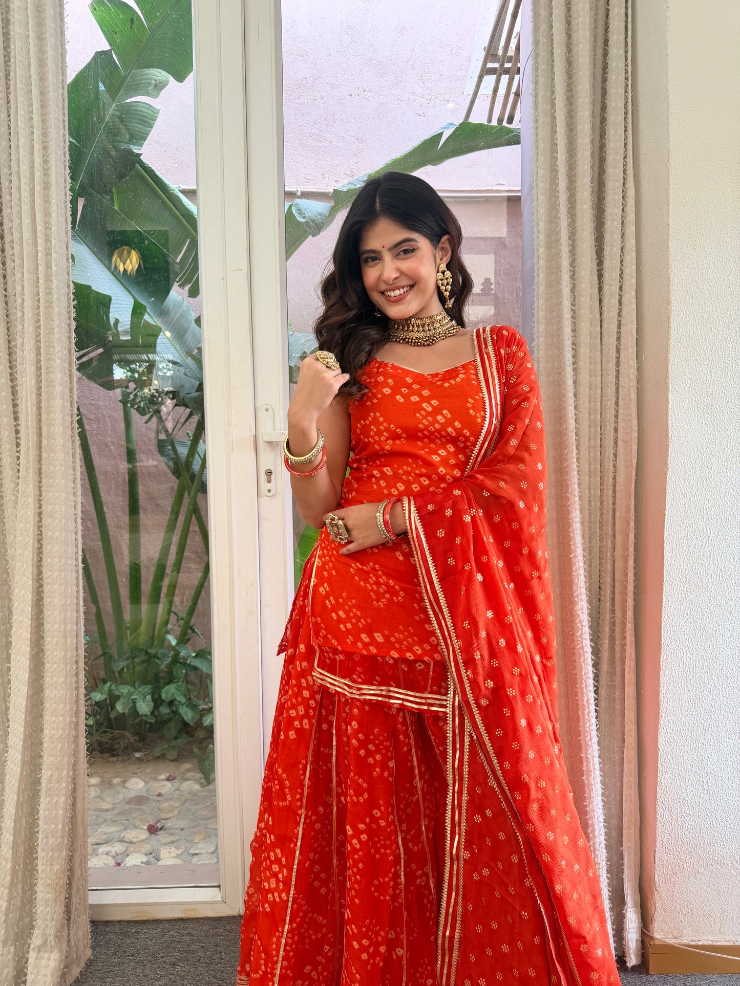 Kumkum Orange Bandhani Sharara Set