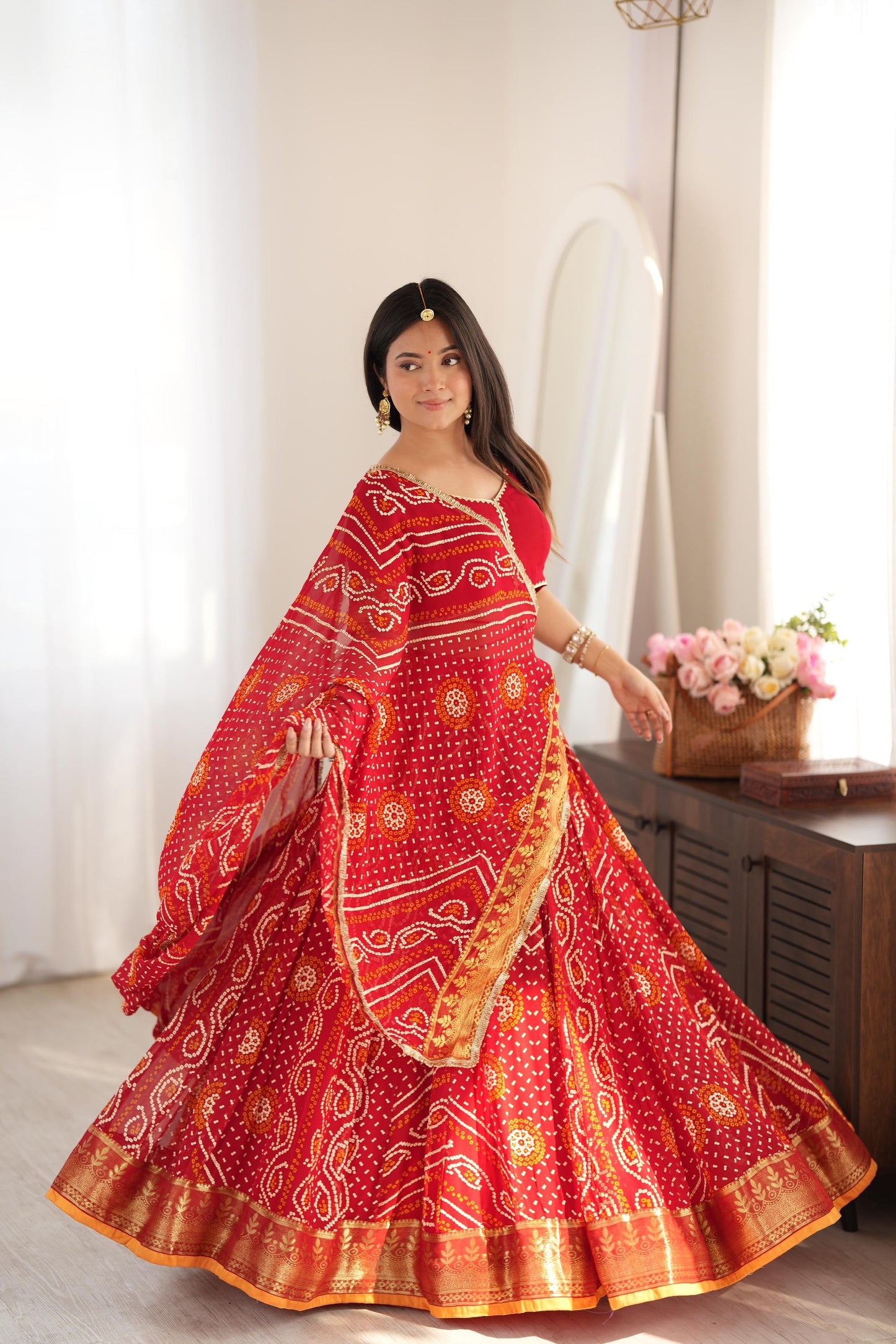 Falguni Red Bandhani Lehenga