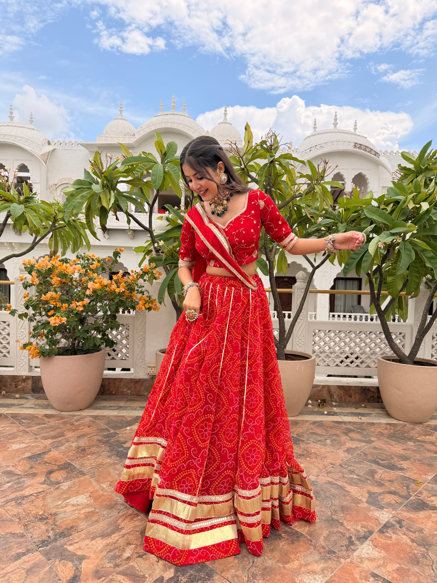 Shweta Red Bandhani Lehenga