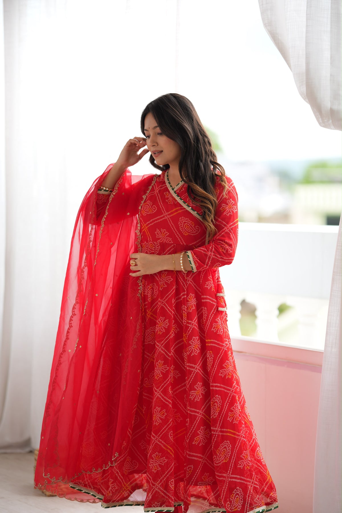 Ruhee Red Bandhani Anarkali Set