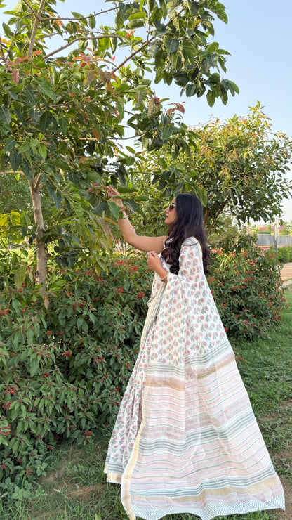 Shwetambar Handblock Maheshwari Saree (Teerth By Amaanyaa)