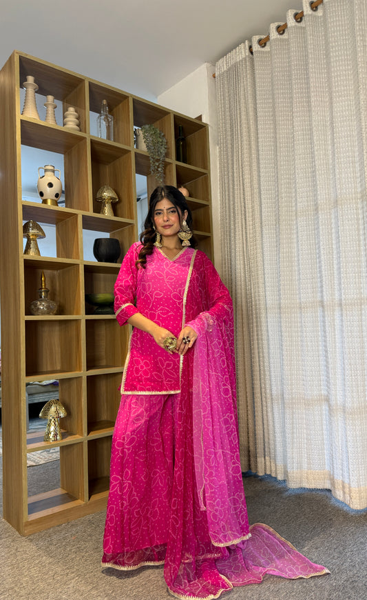 Pranjali Pink Bandhani Kurti Palazzo Set