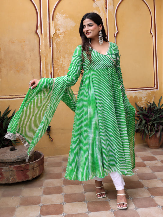 Green Leheriya Anarkali Set