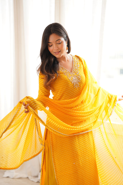 Arti Yellow Handwork Leheriya Suit Set