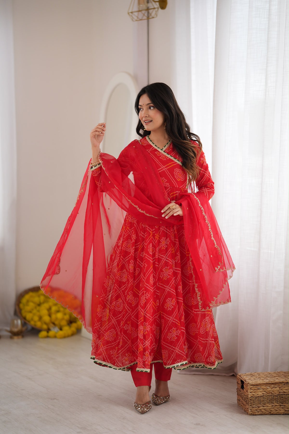 Ruhee Red Bandhani Anarkali Set