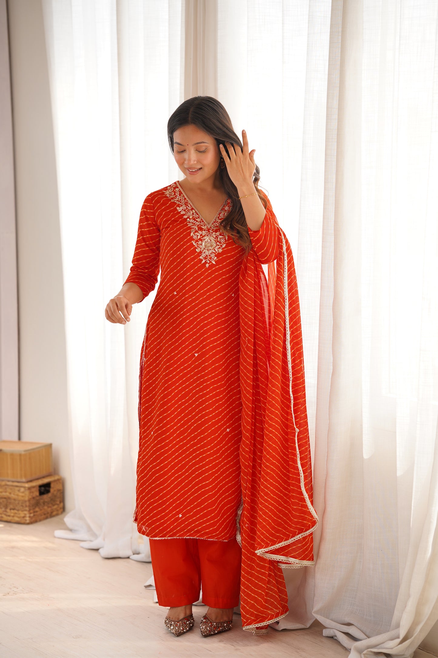 Arti Rust Orange Handwork Leheriya Suit Set