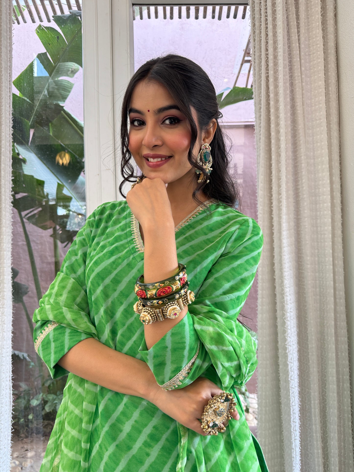 Stuti Green Leheriya Kurti Palazzo Set