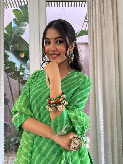 Stuti Green Leheriya Kurti Palazzo Set