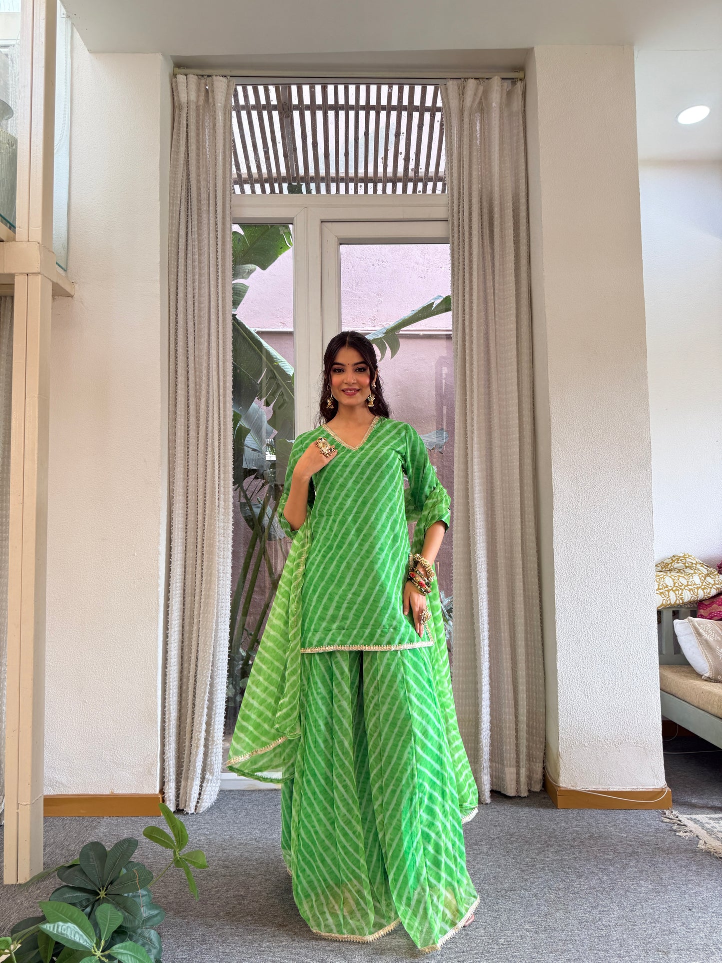 Stuti Green Leheriya Kurti Palazzo Set