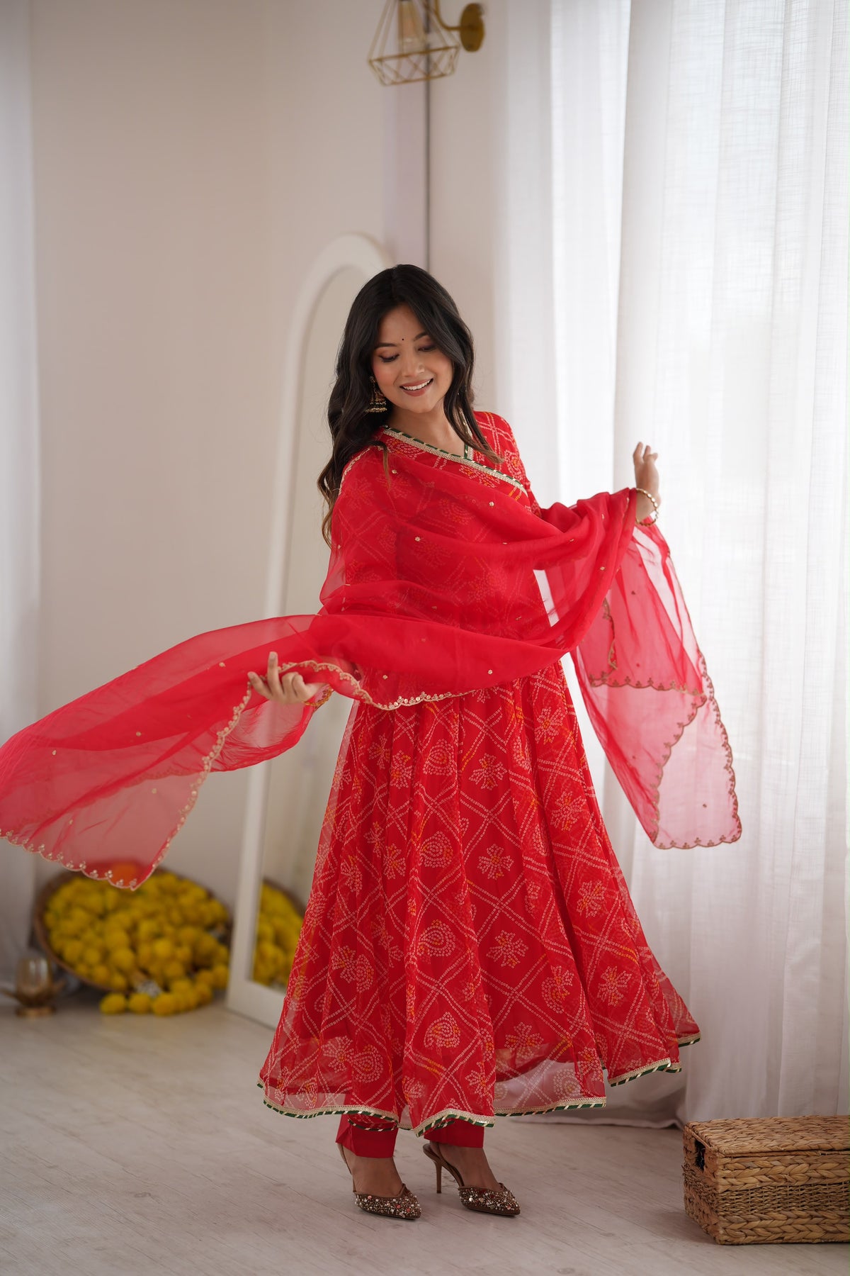 Ruhee Red Bandhani Anarkali Set