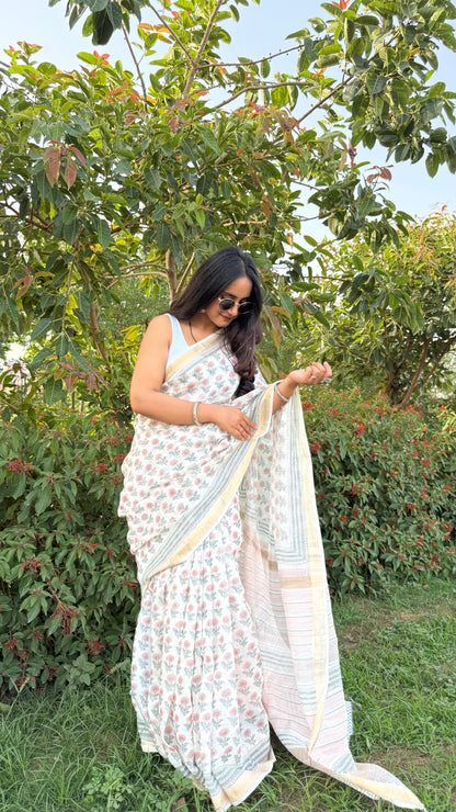 Shwetambar Handblock Maheshwari Saree (Teerth By Amaanyaa)