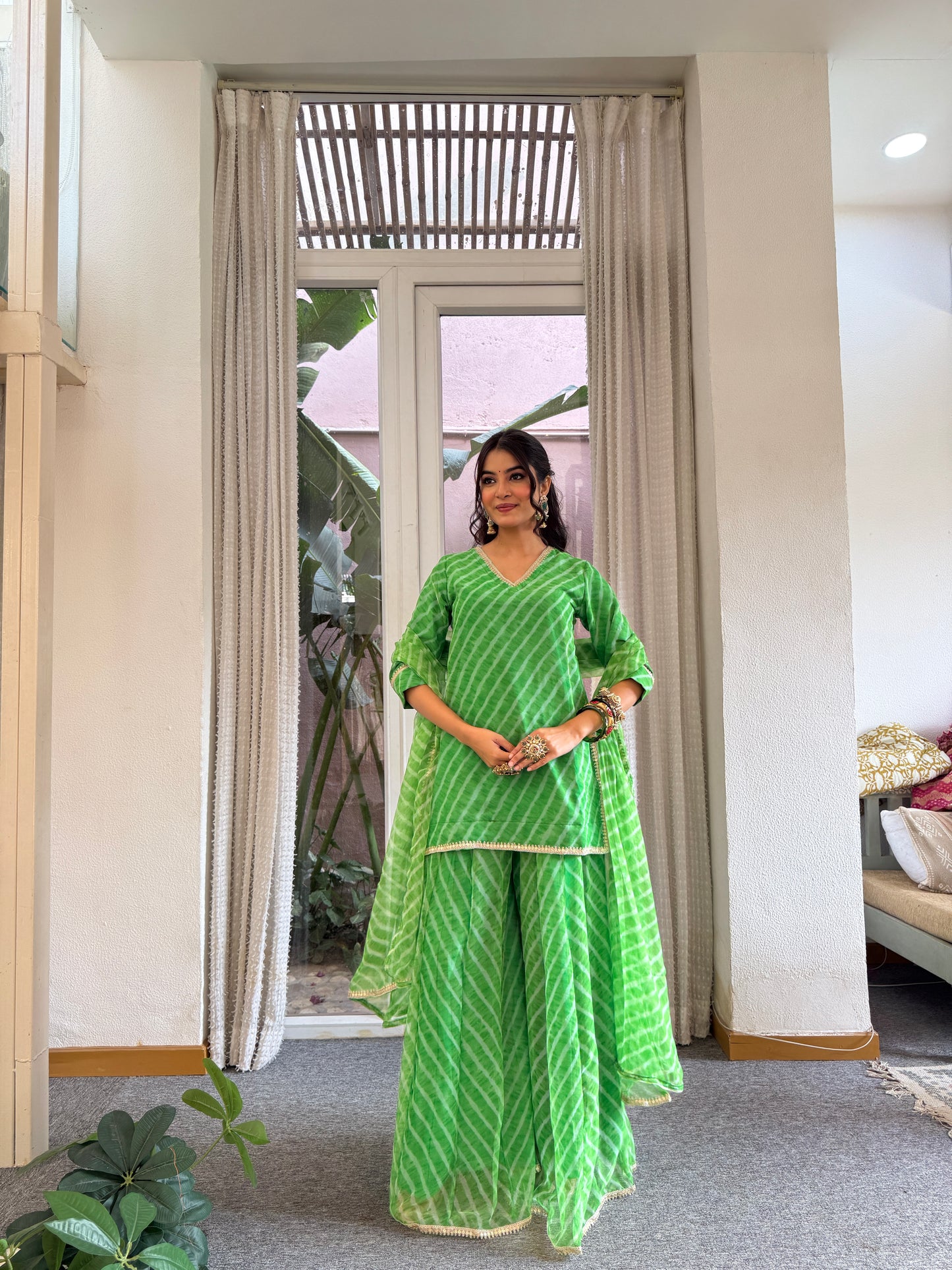 Stuti Green Leheriya Kurti Palazzo Set