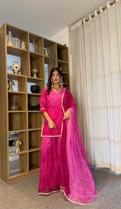 Pranjali Pink Bandhani Kurti Palazzo Set
